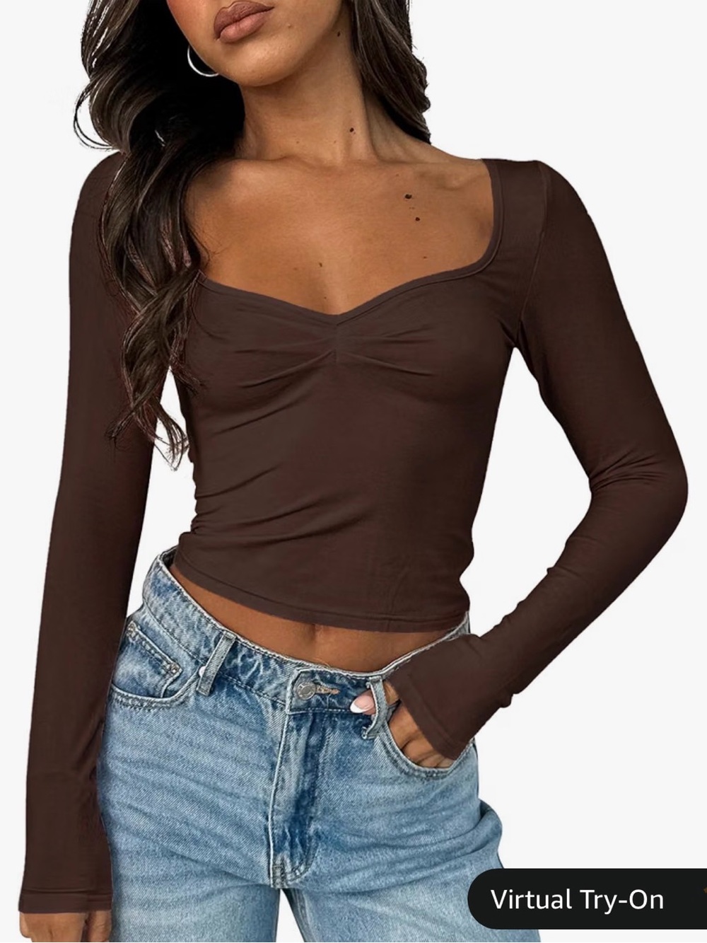 Sweetheart Neck Long Sleeve Crop Top in Chocolate Brown
